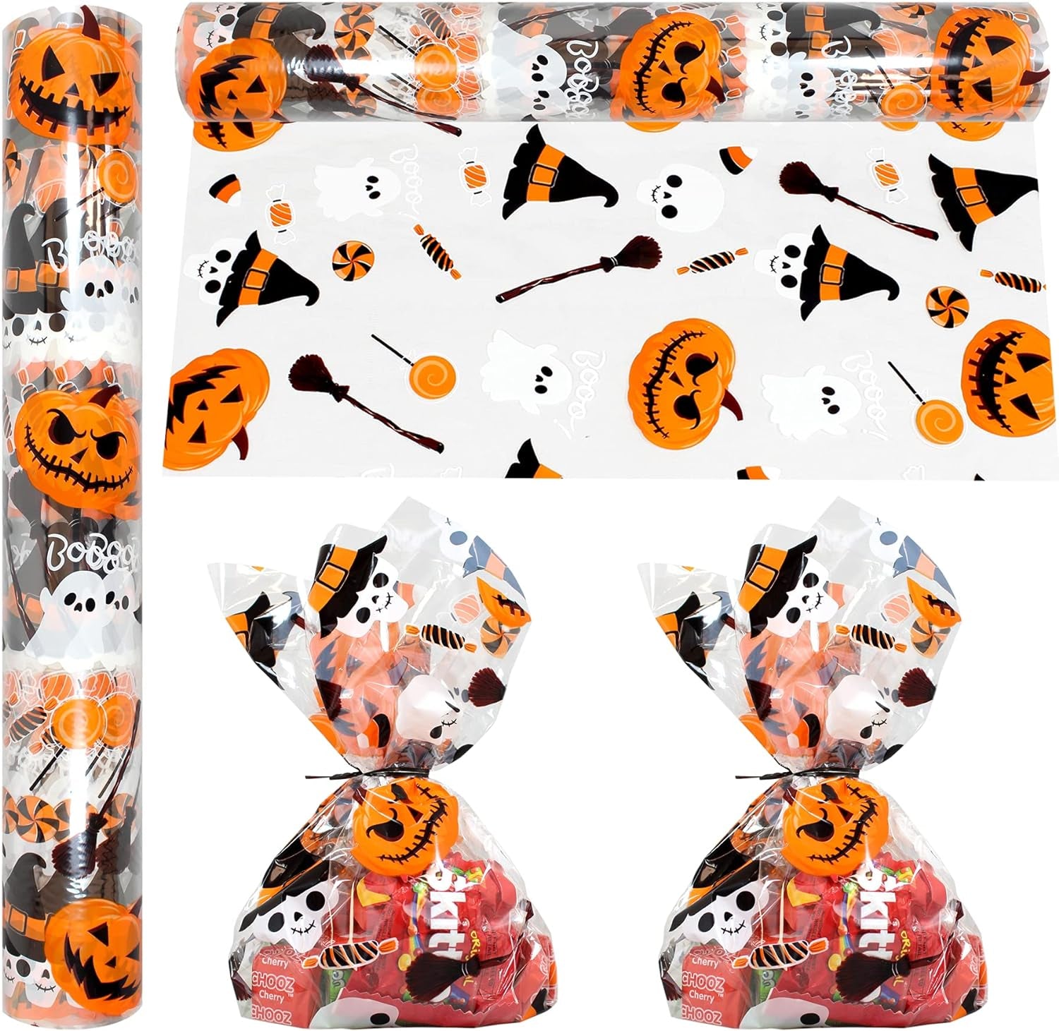 Halloween Cellophane Wrap Roll | 100’ Ft Long X 16” In. Wide | 2.3 Mil Thick, Crystal Clear with Halloween Designs| Gifts, Baskets, Treats Cello Wrapping Paper | Pumpkin, Witches Cello Roll