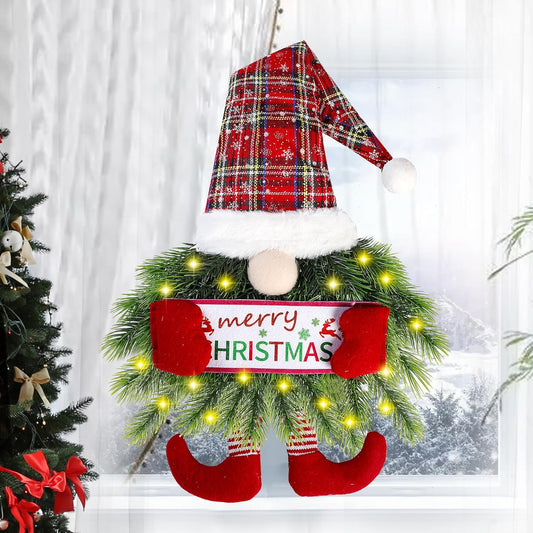 Christmas Wreath Gnome Wreath with Lights Santa Gnome Christmas Hanging Sign Front Door Decoration Artificial Pine Spruce Wreath Swedish Tomte Wall Décor for Home Xmas Porch Indoor Outdoor