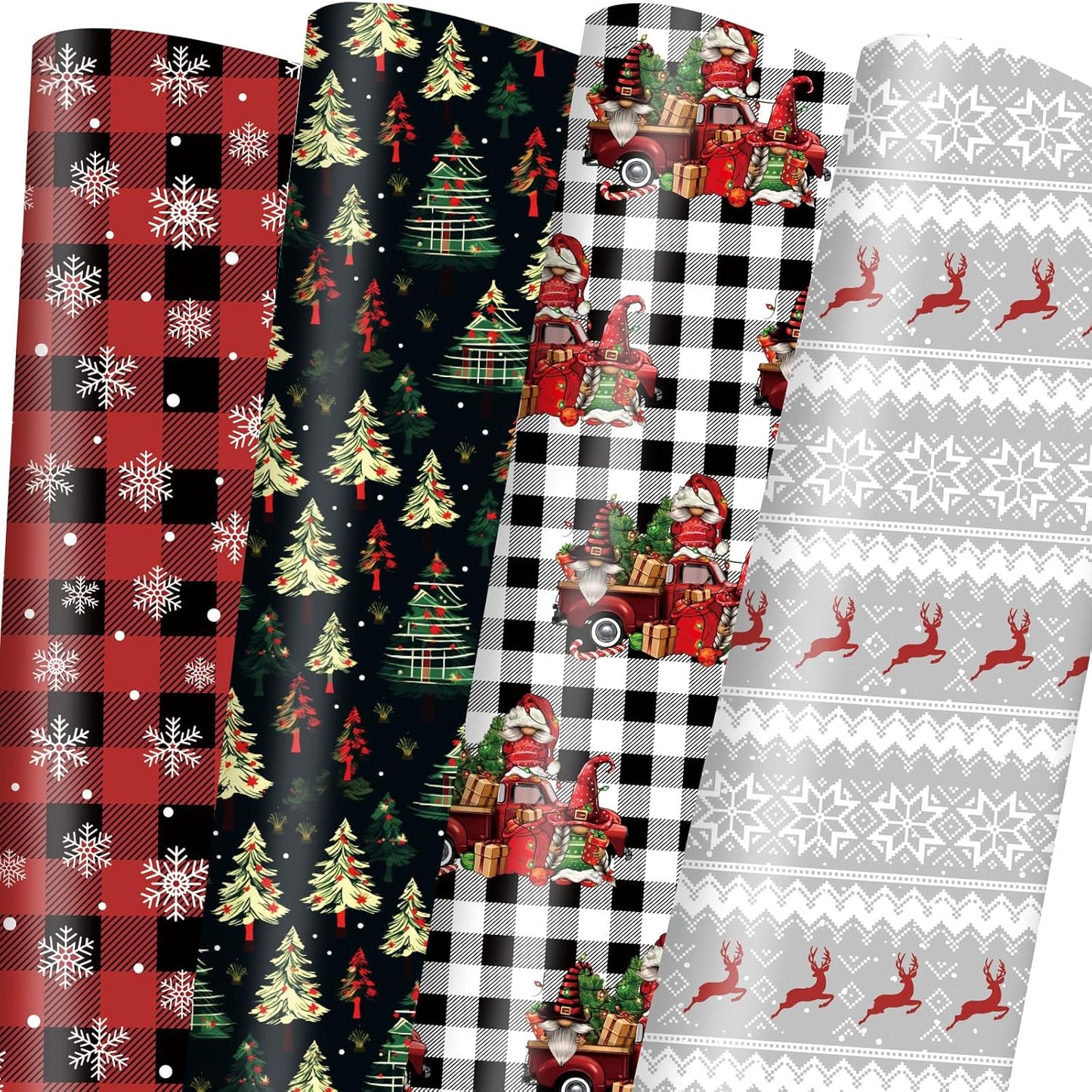 Christmas Wrapping Paper Red Black Plaid with Snowflakes Christmas Tree and Reindeer Design for Boys Girls Women Men Holiday Winter - 20 X 28Inches per Sheet(8 Pack)