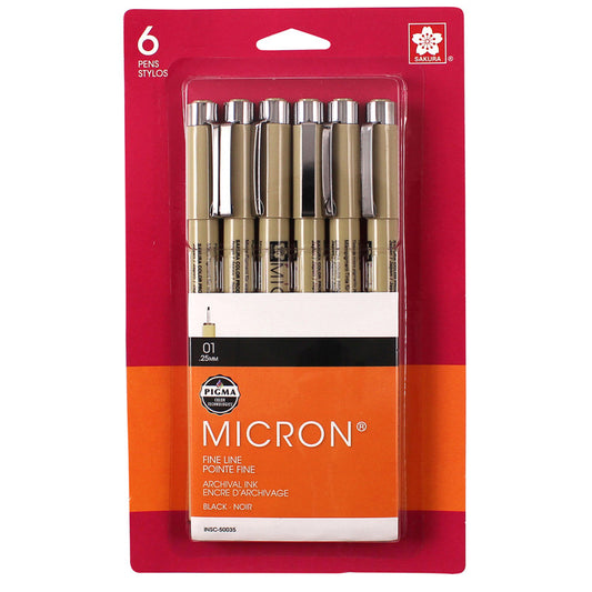 Pigma Micron Pens, Black, Size 01, 6-Pack, Blister Card