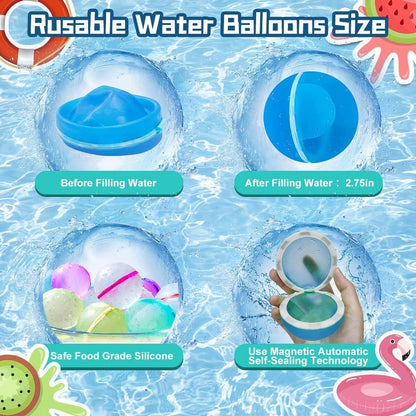 Reusable Water Balloons, Splash Water Bomb Balloons, Quick Fill Self Sealing, Magnetic Refillable Silicone Water Balloons for Kids Adults, Latex-Free Silicone Water Balloons, Pool Water Toys (6PCS)