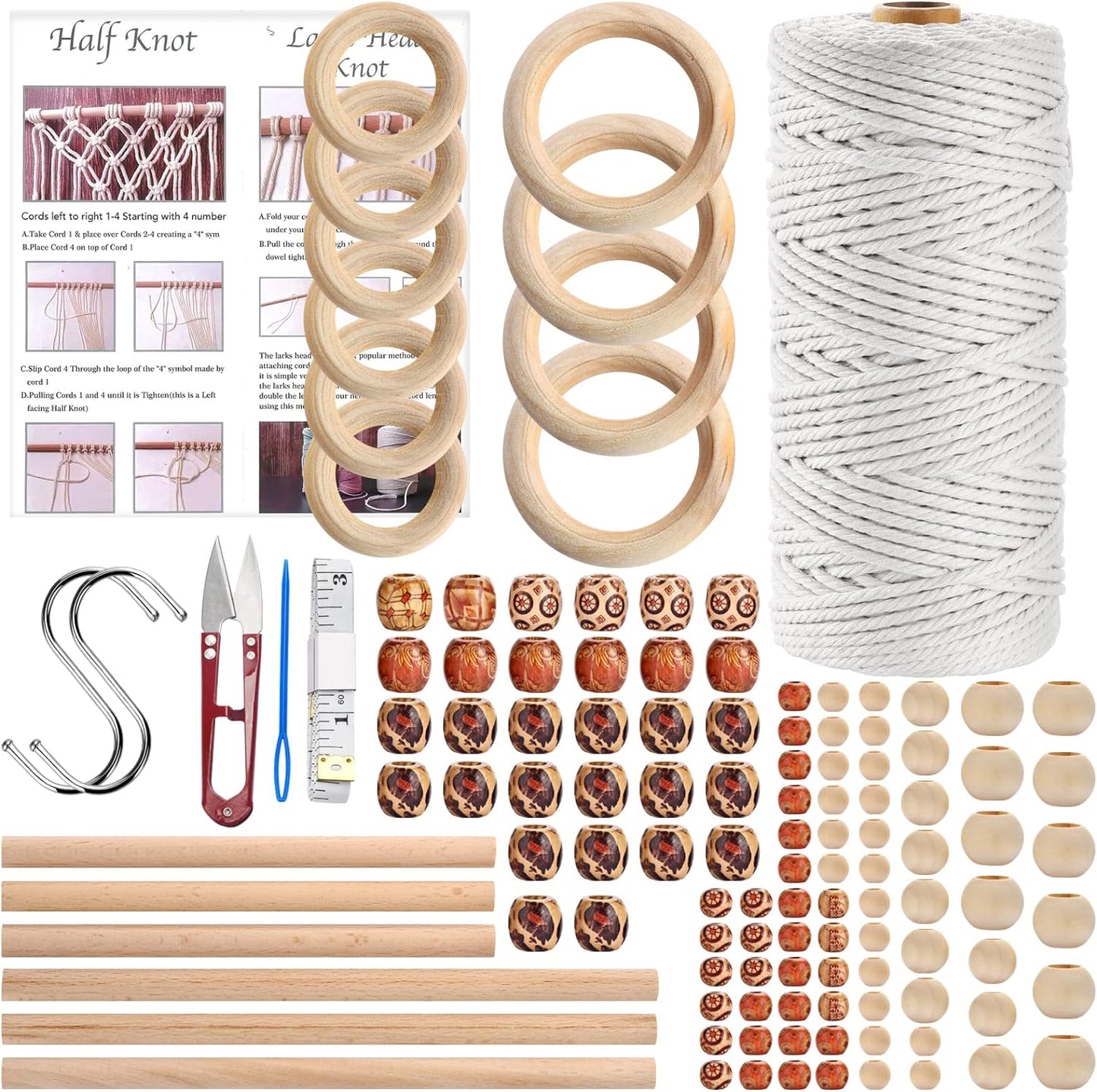 121Pcs Macrame Kit, Macrame Supplies 3Mm X 109Yards Macrame Cord for Macrame Kits for Adults Beginners, with Accessories like 100Pcs Beads and 10Pcs Wooden Rings for Macrame Plant Hanger Kit