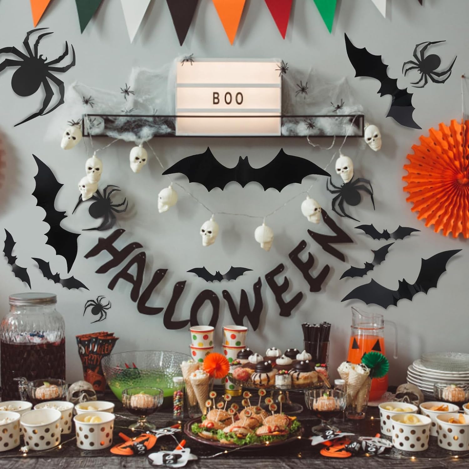 80 Pcs Halloween Decorations 3D Bat and Spider Stickers Decor, Halloween Home Decoration Stickers DIY Halloween Party Supplies, 56 Bats and 24 Spiders Decors