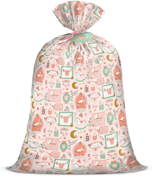 56" Large Baby Girl Plastic Gift Bag - Pink Baby Girl Design for Baby Shower, Kids Birthdays, Parties, Celebrating, or Any Occasion - 56" H X 36" W