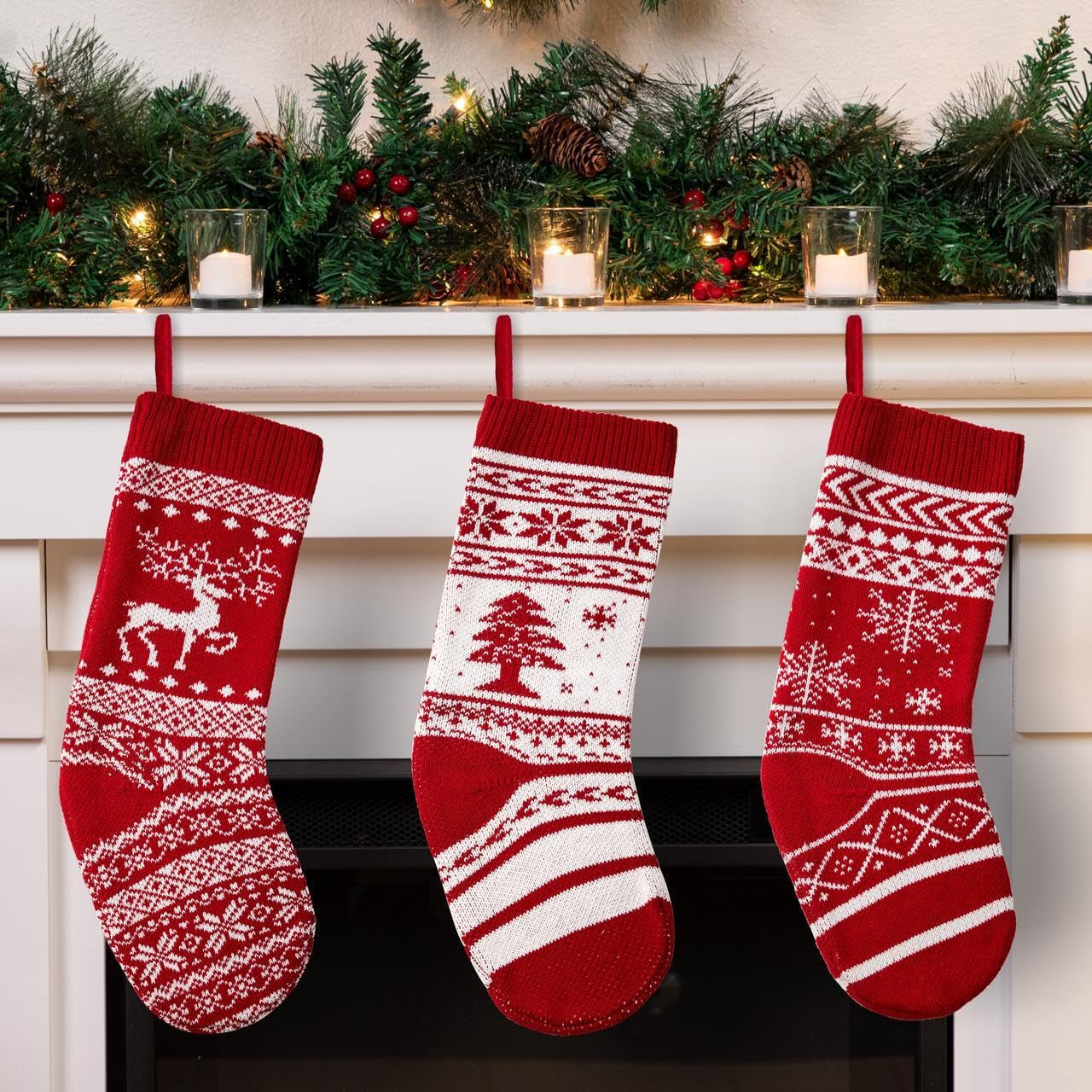 3 Pack 18” Knit Christmas Stockings, Reindeer/Christmas Tree/Snow Flakes Knitted Stocking Decorations for Holiday Tree Decor