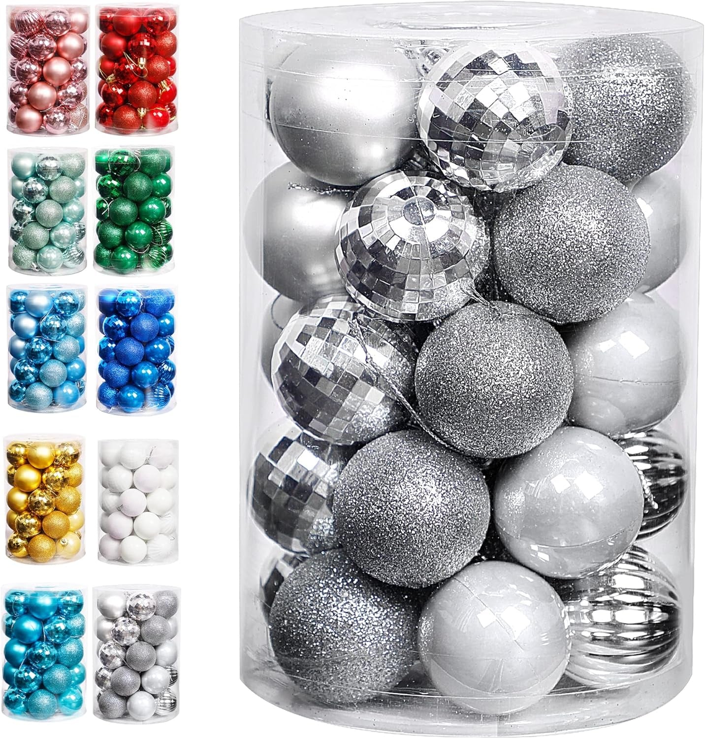 Hanging Ornaments, 34 Count Pre-Strung Plastic Balls, Shatterproof Barrel Packed Balls for Holiday Halloween Party Wreath Tabletop Tree Decorations, 1.57 Inch, White