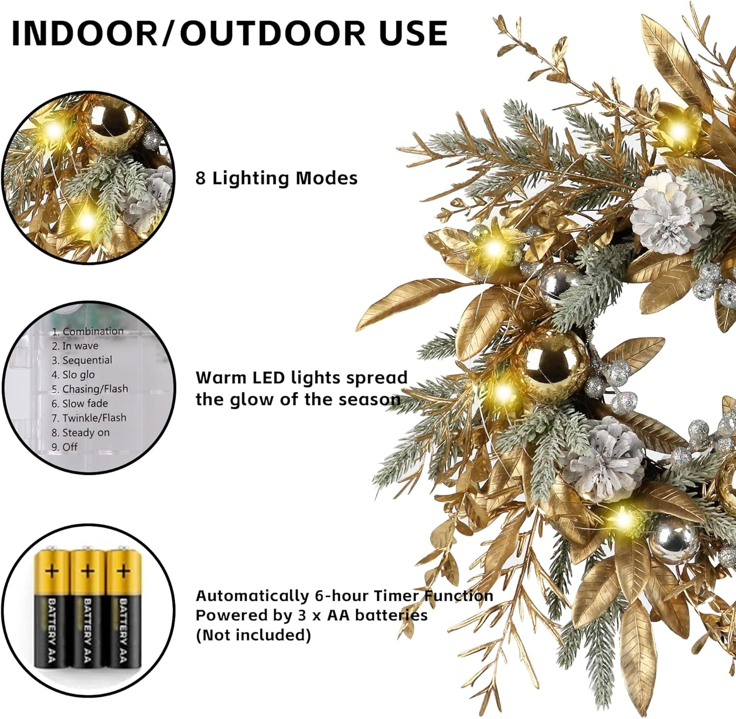 Christmas Wreath 20 Inch Christmas Door Decorations Wreath with Warm Lights,Christmas Balls, Pine Cones, Golden Twigs, Pine Needles and Silver Berries for Door Window Outdoor Home Decoration