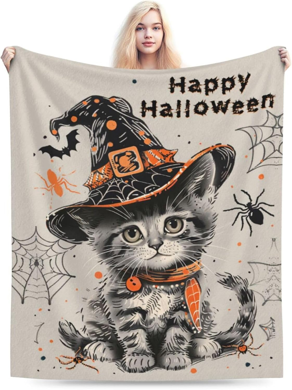 Halloween Cat Blanket Gothic Horror Scary Fleece Throw Blanket Super Soft Warm Cozy Fuzzy Plush Dark Spooky Blanket Gifts for Girls Boys Kids Halloween Decor 60"X80"