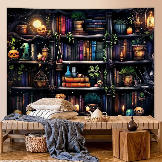 Bookshelf Tapestry Halloween Skull Tapestry Magical Book Tapestries Poster Decor for Room Bedroom Wall Art Decoration College Dorm Decor