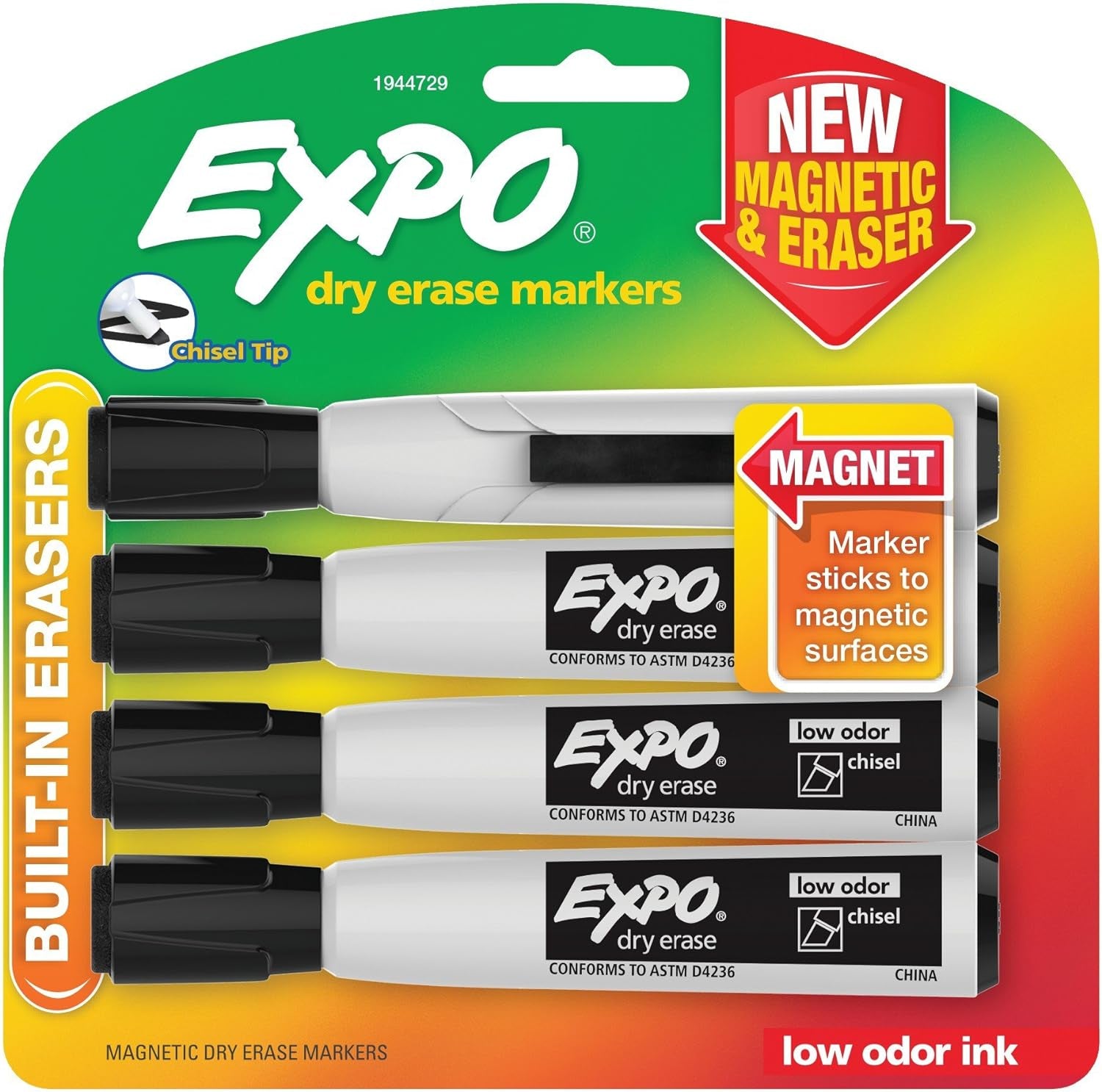 Magnetic Dry Erase Markers with Eraser, Chisel Tip, Assorted, 8 Count