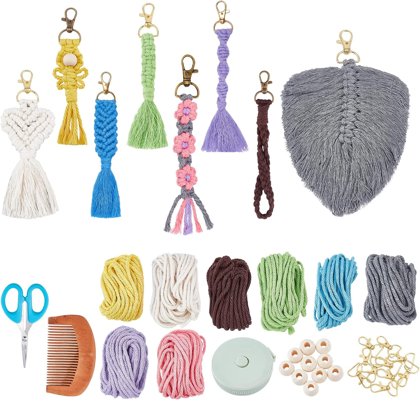 8 Set DIY Macrame Wristlet Keychain Kits for Adults Colorful Macrame Cord Knotting Kit Boho Mini Macrame Tassel Keychain with Instruction + Video for Car Key Purse Phone Wallet Charm