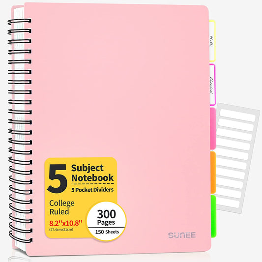 5 Subject Notebook College Ruled - 300 Pages, 8.2"X10.8", 5 Pocket Colored Dividers, 3-Hole Punched Paper, Pink