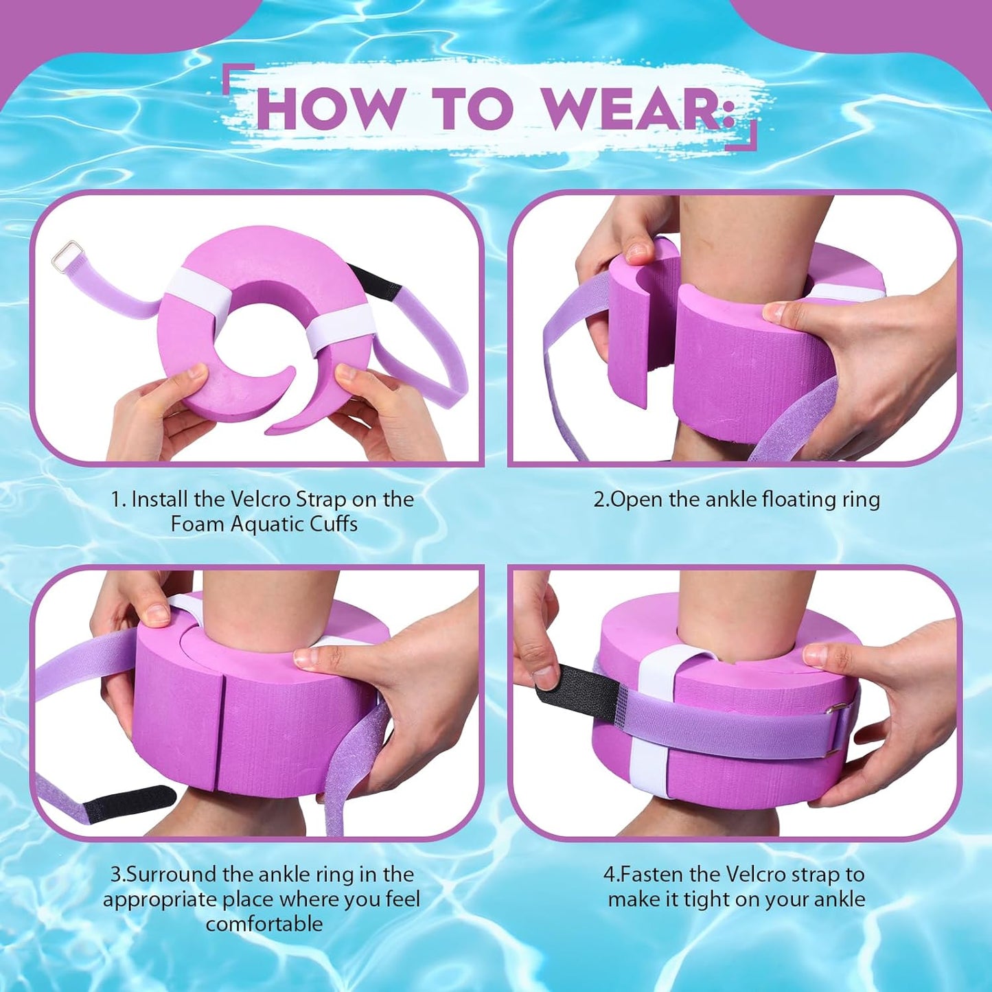 2 Pcs Foam Swim Aquatic Cuffs Equipment Water Aerobics Float Ring with Detachable Hook and Loop Fastener Fitness Workout Set for Swimming Fitness Training Pool Exercise