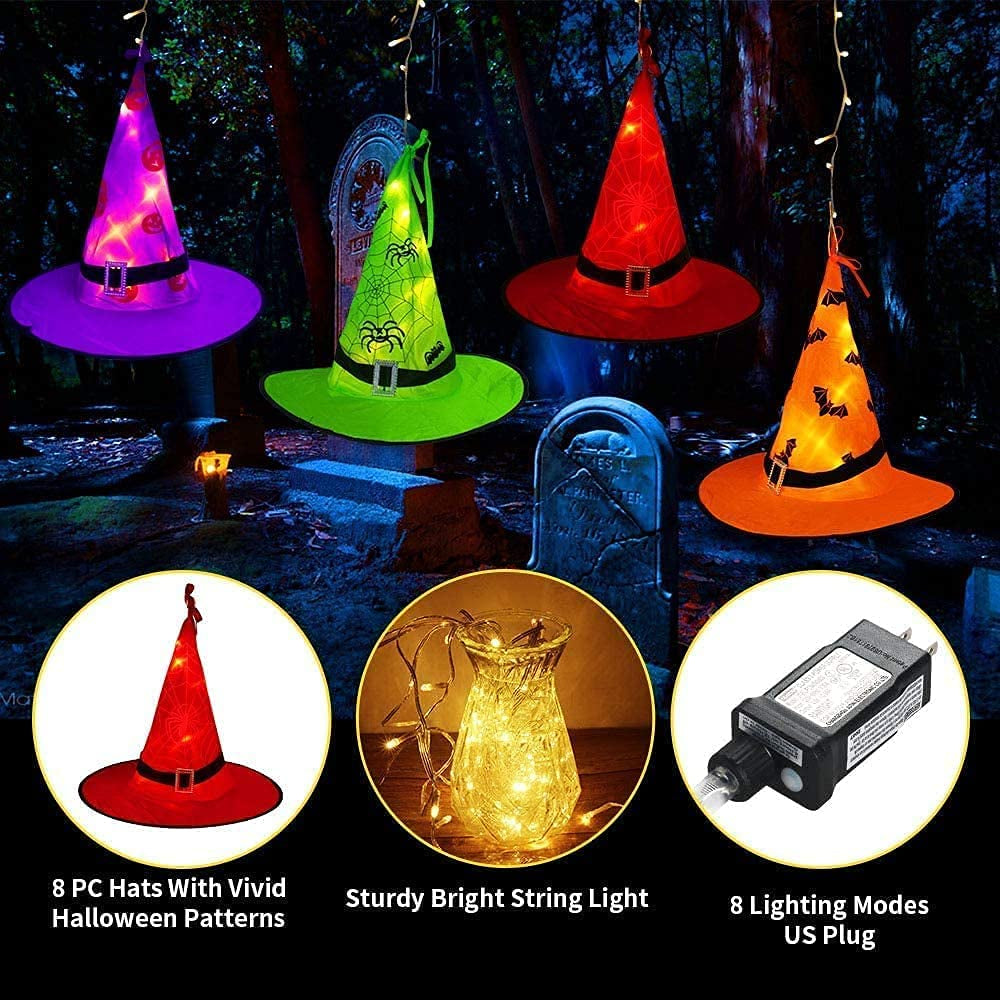 Halloween Decorations Lighted Witch Hats, 8Pcs Hanging Glowing Witch Hats 44Ft Halloween Outdoor Lights String with 8 Lighting Modes for Outdoor, Garden, Yard, Tree