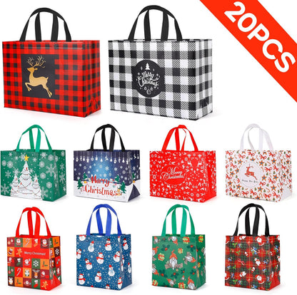 20 Pack Christmas Gift Bags Assorted Sizes, Reusable Tote Bags with Handle, Includes 4 Large 8 Medium 8 Small Non-Woven Christmas Bags for Xmas Party Favors