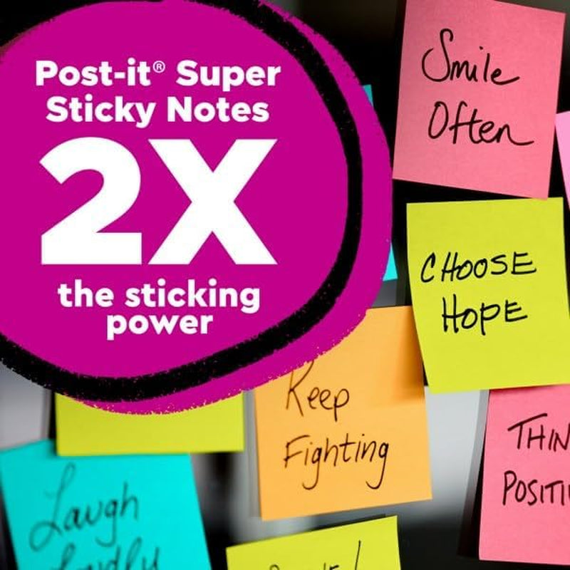 Super Sticky Notes, 3X3 In, 24 Pads, 2X the Sticking Power,Energy Boost Collection, Bright Colors (Orange, Pink, Blue, Green), Recyclable