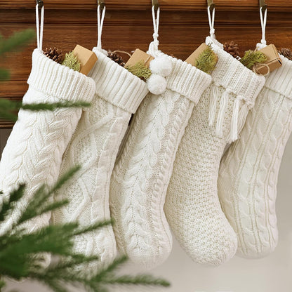 Farmhouse Knitted Christmas Stockings: 5 Pack 18 Inch Rustic Cable Knit Fireplace Stockings, Cozy Hanging Xmas Stockings Boho Style Stocking Decorations for Family Holiday Décor, White Beige