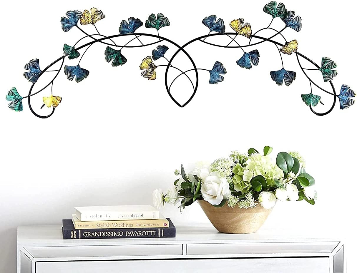 Metal Wall Art Flower Ginkgo Leaf Abstract Blue Scroll Hanging Celtic 3D Sculpture Boho Home Decor Outdoor Farmhouse Rustic Japanese Style Golden Blue Turquoise