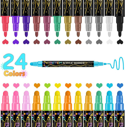 24 Colors Dual Tip Acrylic Paint Pens Markers, Premium Acrylic Paint Pens for Wood, Canvas, Stone, Rock Painting, Glass, Ceramic Surfaces, DIY Crafts Making Art Supplies