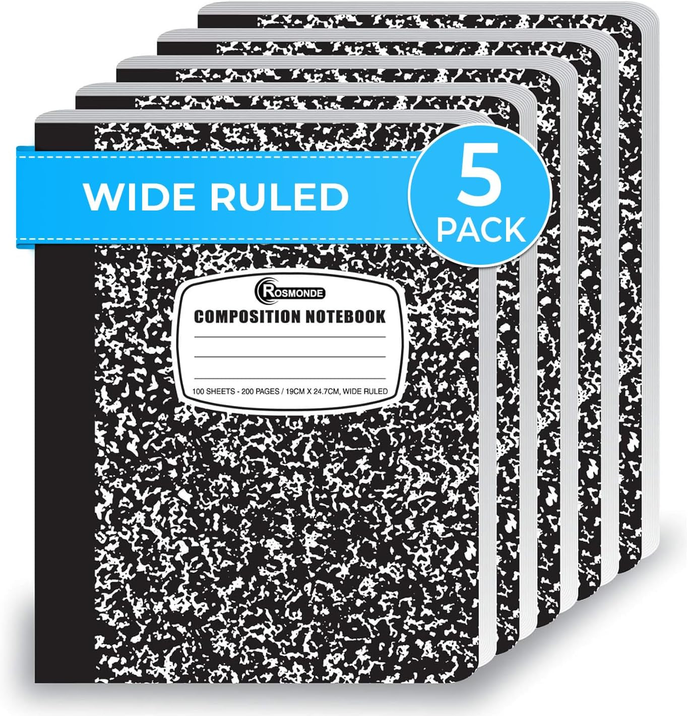 Composition Notebook Wide Ruled 5 Pack, 200 Pages (00 Sheets), 9-3/4 X 7-/2, Back to School Supplies, Notebooks for School, Office Supplies, Notebooks for Work, the Notebook for Note Taking