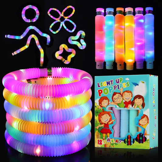 Glow Sticks Light up Fidget Pop Tubes 18 Pack Glow in the Dark Party Supplies Toddler Sensory Toys, Glow Stick Party Pack Halloween Party Favors Goodie Bag Stuffers Christmas Return Gifts for Kids