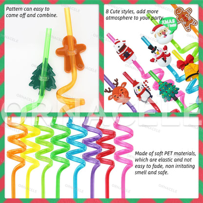 32PCS Christmas Reusable Drinking Straws, Snowman Penguin Reindeer Jingle Bell Gingerbread Man Pattern Party Favors Goodie Gifts for Kids Holiday Party Supplies