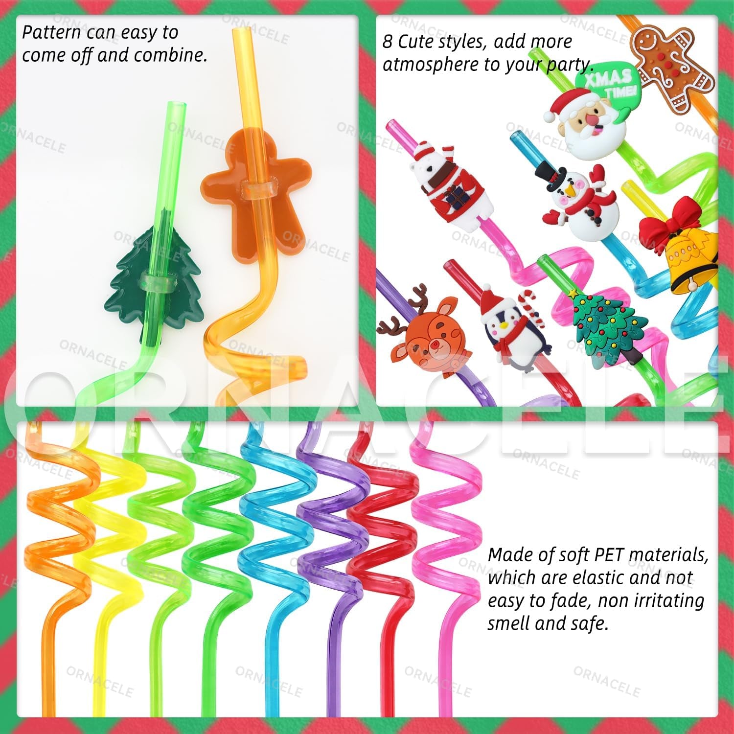 48PCS Christmas Reusable Drinking Straws, Snowman Penguin Reindeer Jingle Bell Gingerbread Man Pattern Party Favors Goodie Gifts for Kids Holiday Party Supplies