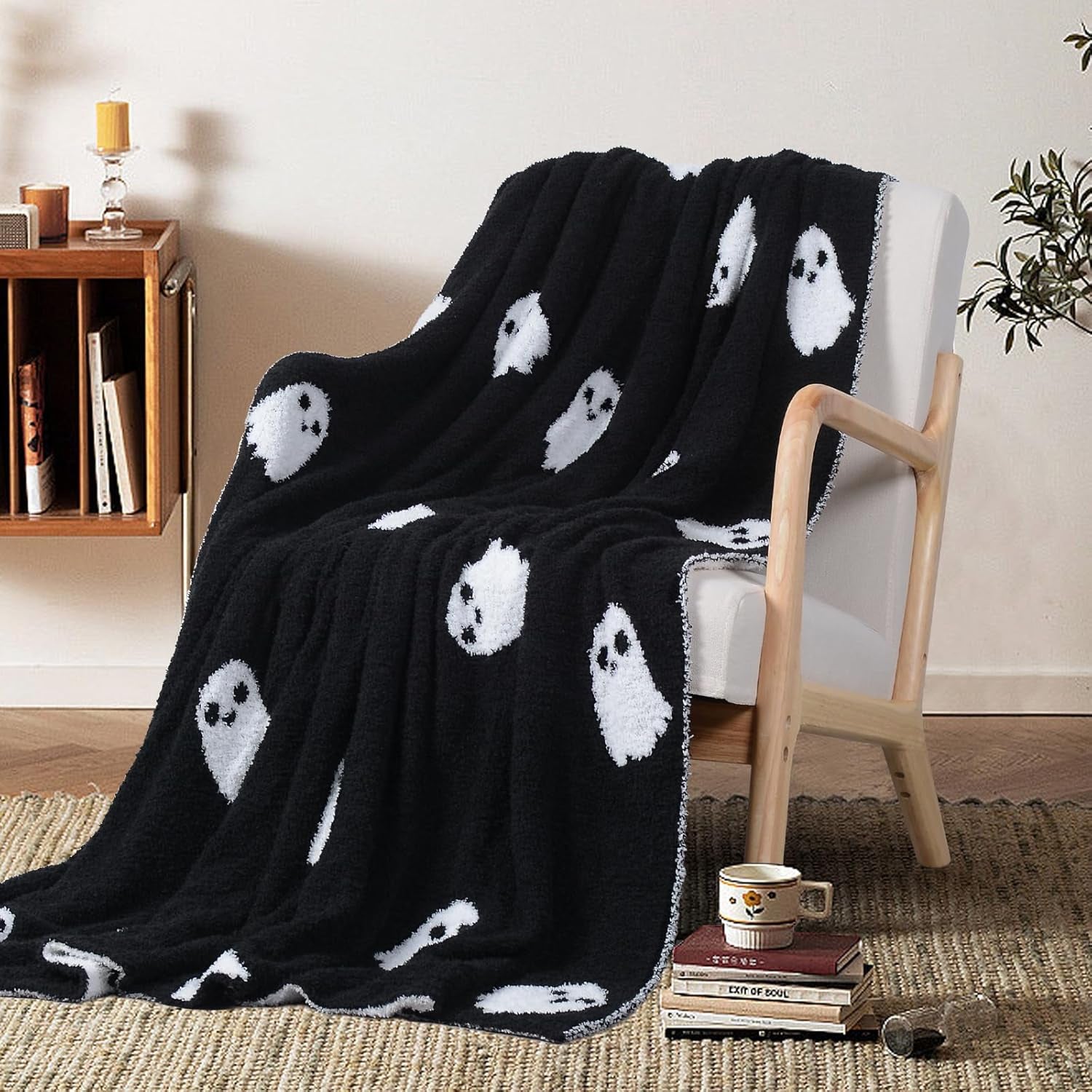Halloween Decor Blanket Soft Blanket Cozy Blanket Kid Blanket for Bed Couch Sofa 50X60 Inch Black Ghost