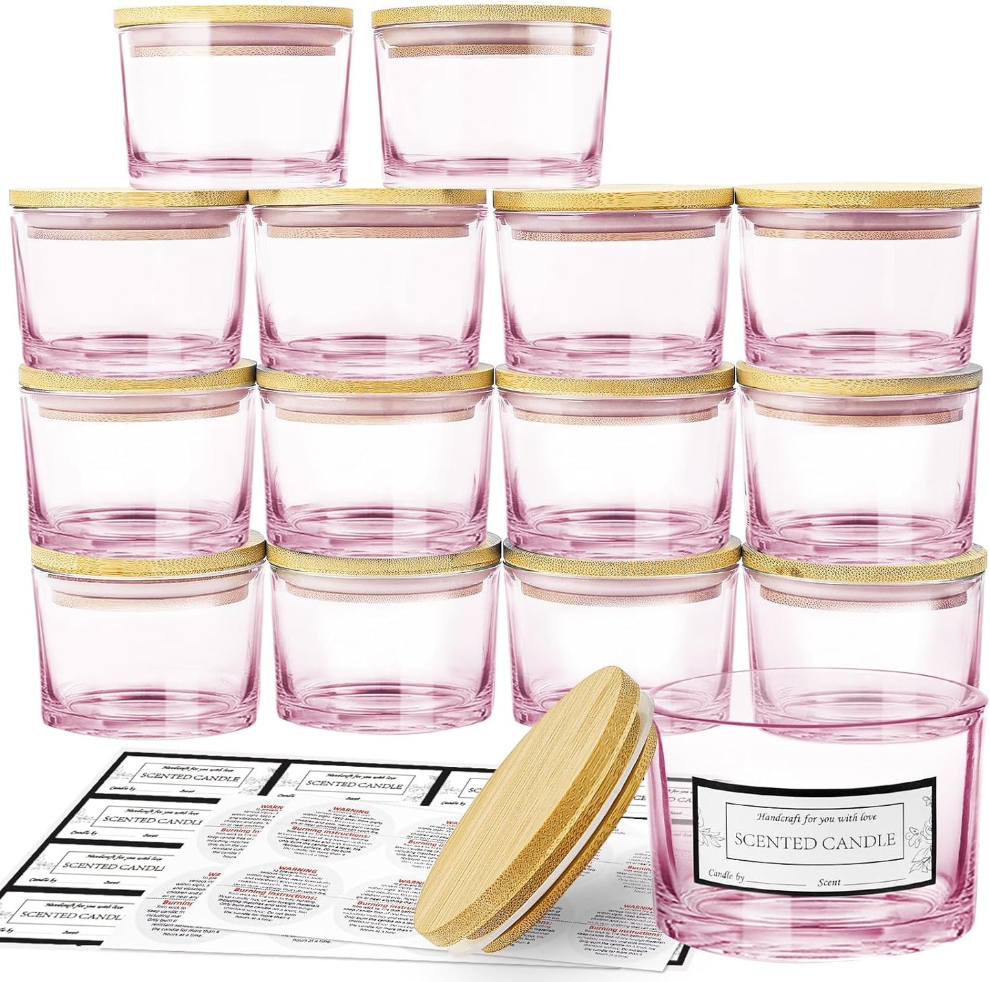 15 Pack 4 OZ Clear Glass Candle Jars with Airtight Bamboo Lids for Making Candles, Bulk Small Wide Mouth Empty Candle Containers with Sticky Warning Labels - Dishwasher Safe