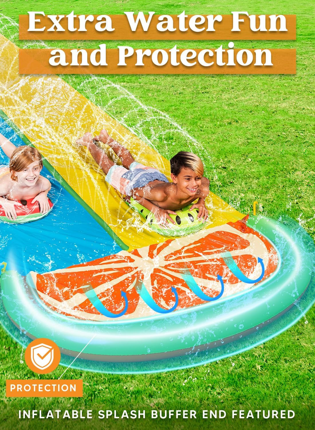 22.5Ft Double Water Slides with 2 Body Boards Backyard Outdoor Slip Lawn Waterslide 2 Sliding Racing Lanes with Sprinklers Summer Water Toy, Orange