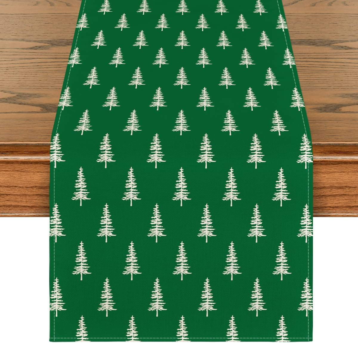 Green Xmas Tree Christmas Table Runner, Seasonal Winter Kitchen Dining Table Decoration for Home Party Decor 13X72 Inch