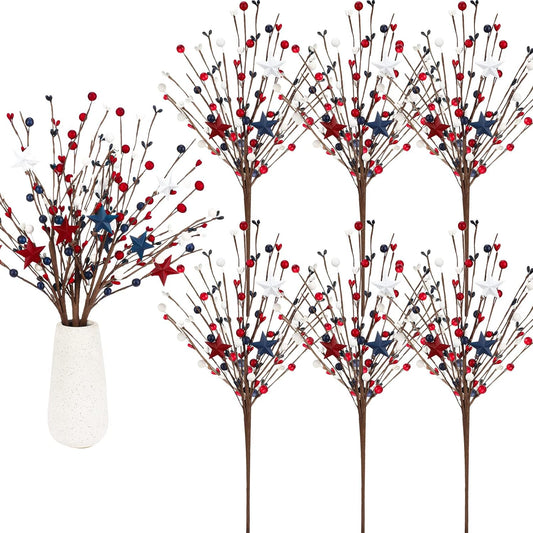 6 Pcs Patriotic Artificial Berry Stem Picks 13 Inch 4Th of July Independence Day Decor with White Blue Red Stars Iron Pentagram Faux Berry Branches Table Centerpiece Decoration for Home Office