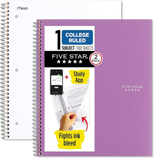 Spiral Notebooks + Study App, 2 Pack, 1 Subject, College Ruled Paper, 200 Sheets, 11" X 8-1/2", White, Amethyst Purple (820186-ECM)