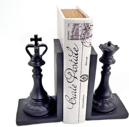 29745 Chess King and Queen Decorative Bookend Royal Exquisite Vintage Retro Book Ends Shelf Organizers Books Stopper Black Statues Sculpture 7 Inch