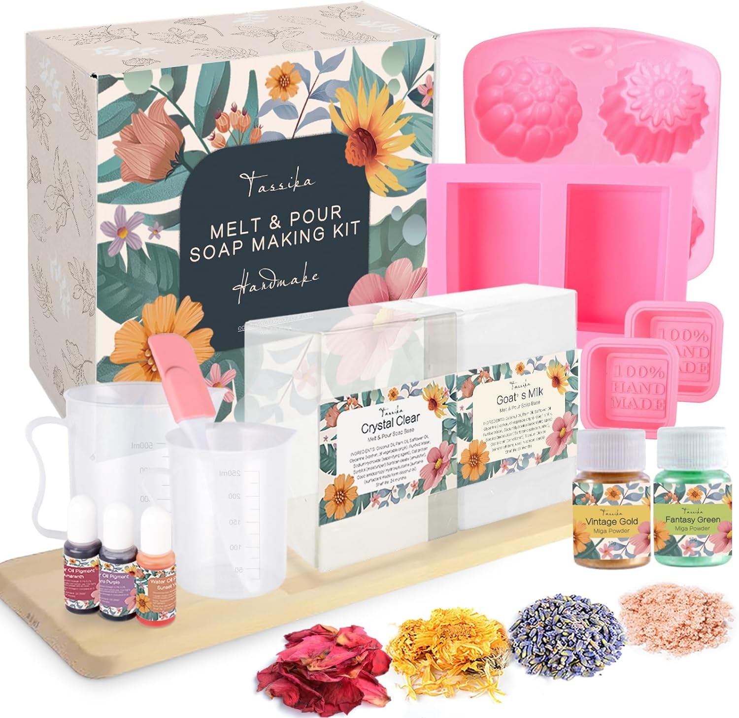 Handmade Soap Making Kit Supplies, DIY Melt & Pour Soap Making Kit for Adults: Includes 2Lbs Soap Base, Dried Flowers, Pigment, Silicon Mold, Measuring Cup, Personalized Handmade Soap Set Gift