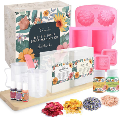 Handmade Soap Making Kit Supplies, DIY Melt & Pour Soap Making Kit for Adults: Includes 2Lbs Soap Base, Dried Flowers, Pigment, Silicon Mold, Measuring Cup, Personalized Handmade Soap Set Gift