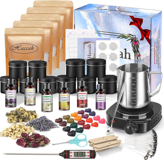 Complete Candle Making Kit with Wax Melter, Making Supplies,Diy Arts&Crafts Gift for Kids,Beginners,Adults,Including 500W Electronic Stove,Wicks,Rich Scents,Dyes,Melting Pot,Candle Tins