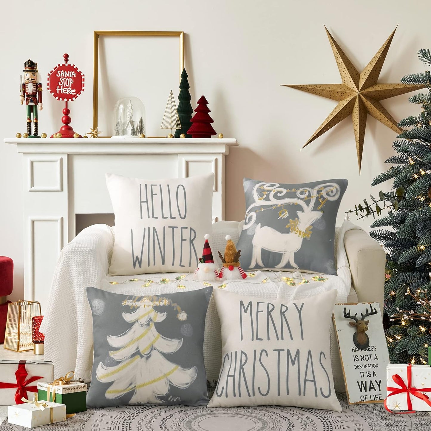 Christmas Pillow Covers Set of 4 for Christmas Decoration Winter Throw Pillow Cover Christmas Decor (20X20, Merry Christmas & Hello Winter)