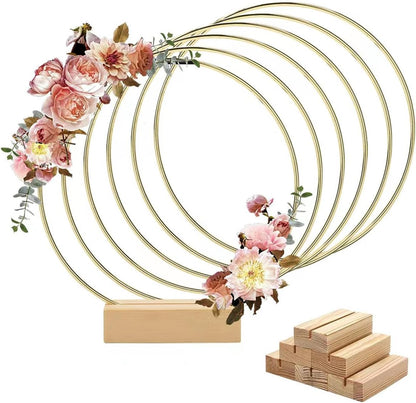 6 Pack 8 Inch Metal Floral Hoop Centerpiece with 6 Pack Wooden Stand for Table, Gold Metal Rings for Making Wedding Table Wreath Decor, Wall Hanging Wreaths and Dream Catcher Crafts