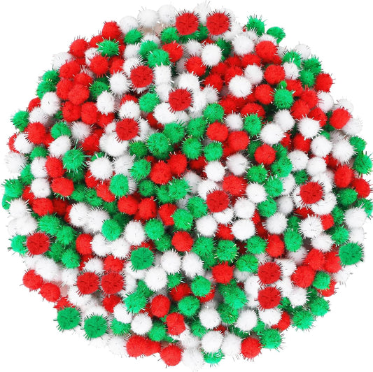 Christmas Pom Poms Balls, 1000 Pieces Red Green White Glitter Pompoms Pom Poms for Crafts Making DIY Holiday Christmas Decorations Supplies (3 Colors, 1 Cm )