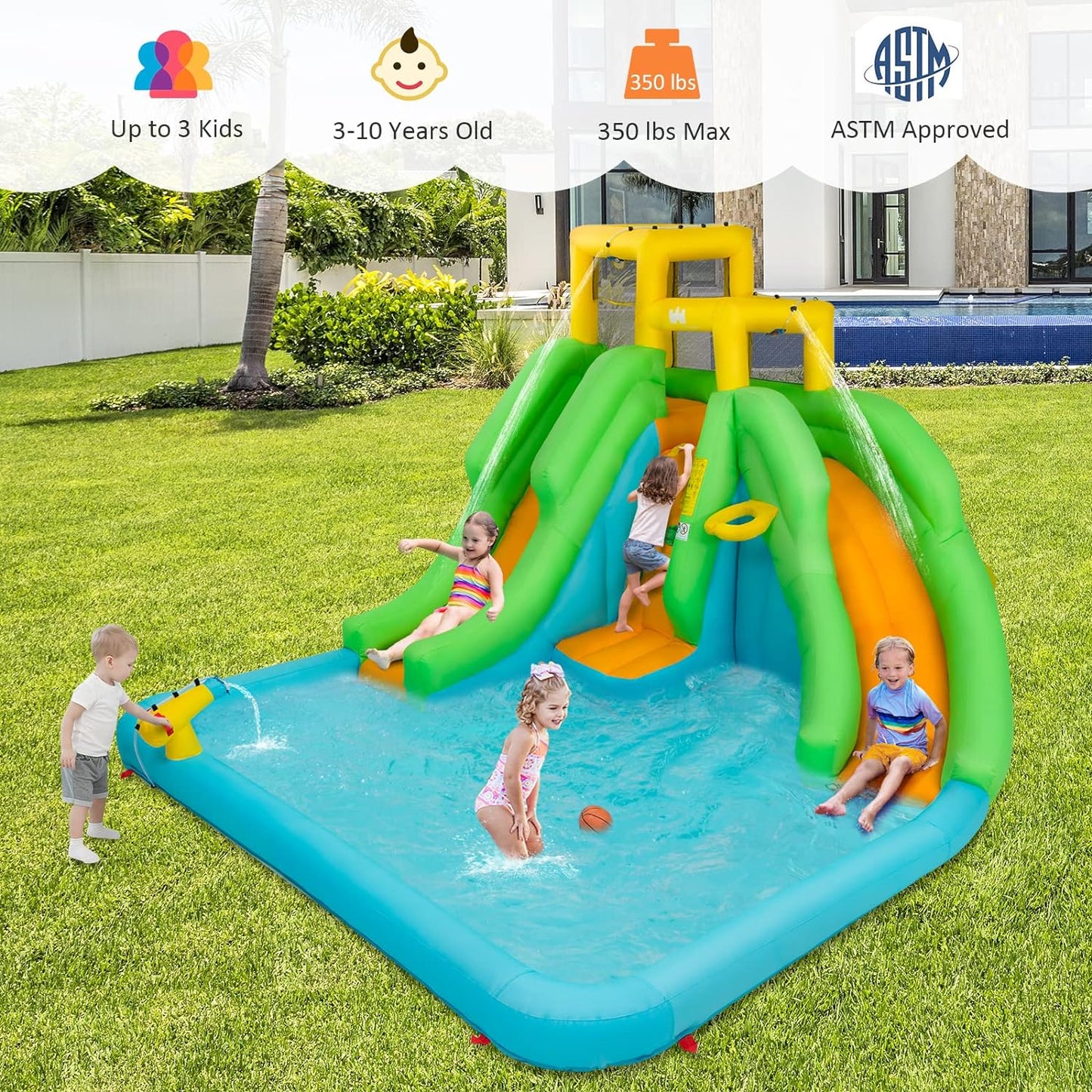 Inflatable Water Slide, 6 in 1 Kids Bouncer Water Park W/Climbing Wall & 2 Long Slides, Splash Pool, Water Cannons, Indoor Outdoor Blow up Water Slides for Backyard(With 480W Blower)