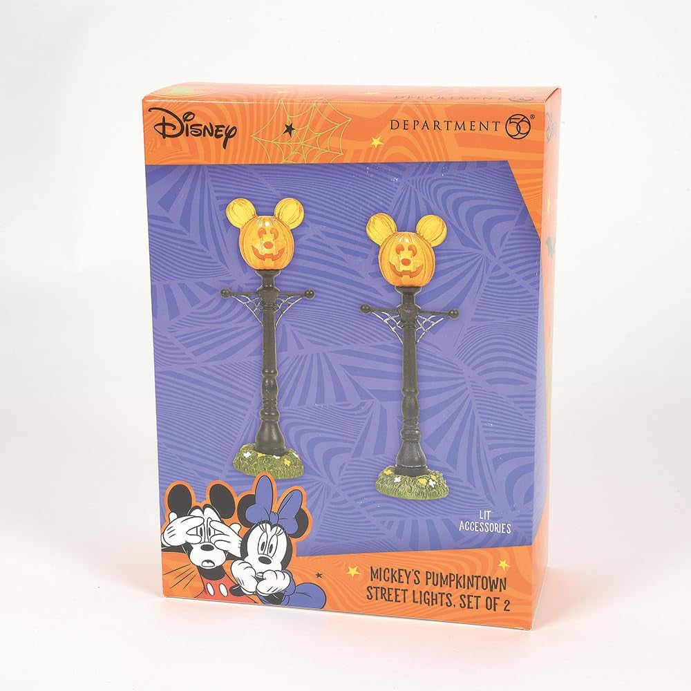 Disney Village Halloween Accessories Pumpkintown Mickey Mouse Street Lights Lit Figurine Set, 4.625 Inch, Multicolor