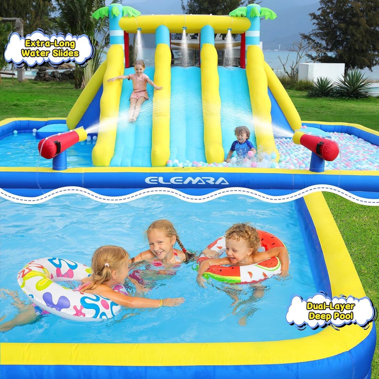 20.66X16.4Ft Inflatable Water Slide for Big Kids, Water Park for Kids Backyard with Large Double-Layer Pool,3 Extra-Long Slides,Climbing Wall, 2 Water Cannons, Water Spraying, 750W Air Blower