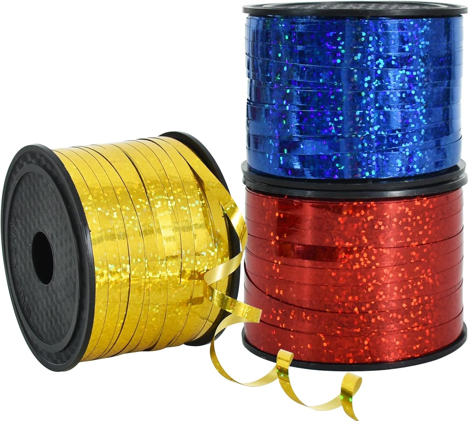 3 Pack 100 Yards Red Blue Gold Ribbon Curling Crimped Glitter Ribbon Balloon String Shiny Metallic Gift Wrapping Ribbon Birthday Party Christmas Festival Art Craft Decoration