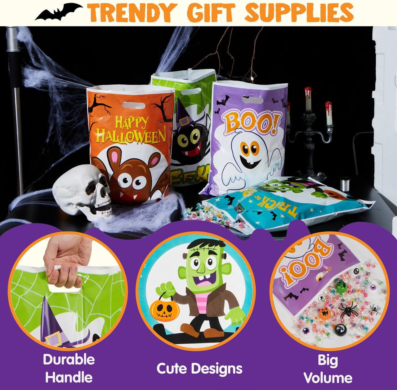 Halloween Candy Bag for Trick or Treat, Halloween Treat Bags with 6 Designed Characters, Halloween Plastic Goodie Gift Bags for Party Favors Party Supplies