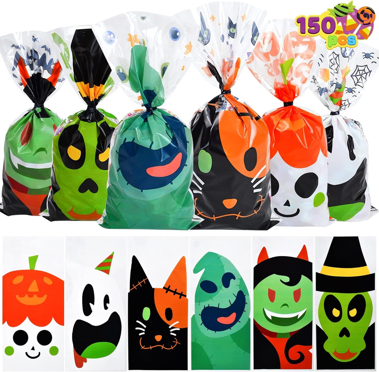 150 PCS Halloween Cellophane Treat Bags with Twist Ties, Halloween Cellophane Clear Candy Bags for Trick or Treat, Halloween Cookie and Goodies Gift Bags for Party Favor Supplies