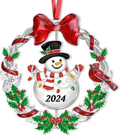 Christmas Ornament 2024 for Christmas Tree Decorations, Dated 2024 Christmas Wreath Ornament with Rotatable Snowman for Holiday Decorative Keepsake Gift(Metal,1 Pack)