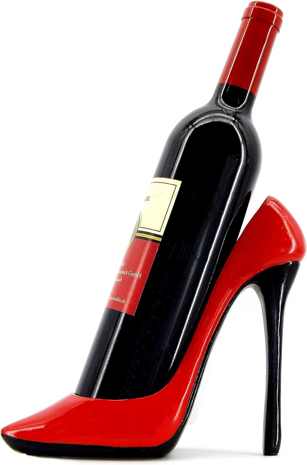 21381 Wine Bottle Holder Shoe Red Black High Heel Shaped Stiletto 8 Inch Tall