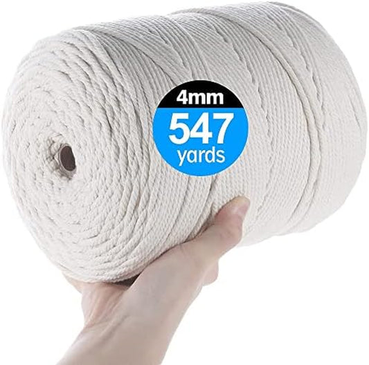 Macrame Cord, 4Mm X 547Yards, 100% Natural Cotton, 4 Strand Twisted Soft Cord for Crafting, Decorations and DIY Projects