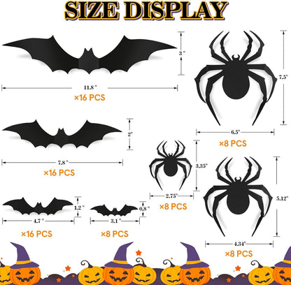 80 Pcs Halloween Decorations 3D Bat and Spider Stickers Decor, Halloween Home Decoration Stickers DIY Halloween Party Supplies, 56 Bats and 24 Spiders Decors